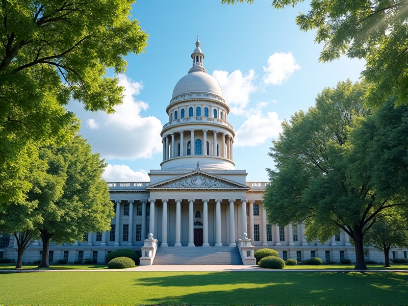 A grand state capital building with a neoclassical architectural style, surrounded by lush green trees under a clear blue sky, symbolizing the legislative process and governance.