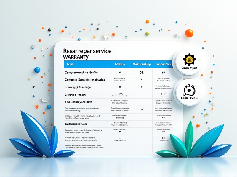 An infographic-style image showing the key elements of a repair service warranty, including duration, coverage, exclusions, and claim process. The design is clean and modern, with vibrant colors and clear typography.