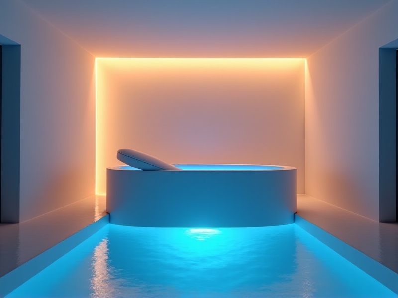 A modern, autism-friendly float tank with adjustable sensory controls. The tank features a sleek, minimalist design with soft, diffused lighting and a comfortable interior. The image highlights the accessibility features, such as easy entry and non-slip surfaces, emphasizing a safe and inclusive environment.