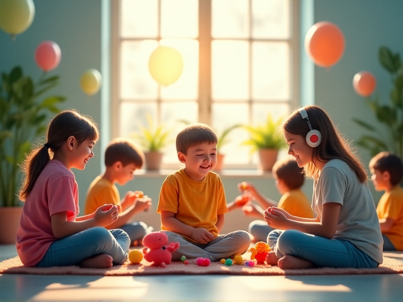 A diverse group of autistic individuals engaging in sensory activities, including a child playing with textured toys and an adult using noise-canceling headphones, highlighting the spectrum of sensory needs.