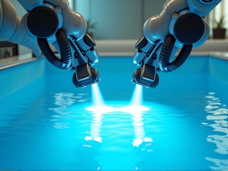 A close-up view of an automated sanitization system in action, showing robotic arms with precision nozzles spraying sanitizing agents. The background features a float tank with a calm, reflective water surface. The image highlights the intricate design of the system and its ability to reach every corner of the tank.