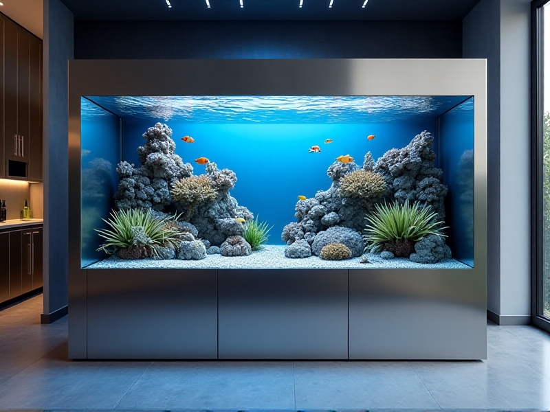 A large saltwater tank constructed from stainless steel, showcasing its sleek, modern design. The tank is filled with clear water and a variety of marine life, with the stainless steel frame reflecting the light. The image conveys a sense of durability and cleanliness, with no visible signs of corrosion.