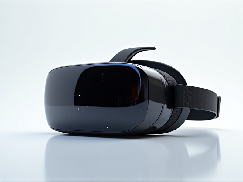 A high-tech VR headset with a sleek black design, resting on a white surface. The headset features adjustable straps and multiple sensors, with a futuristic aesthetic that suggests advanced technology and immersive capabilities.